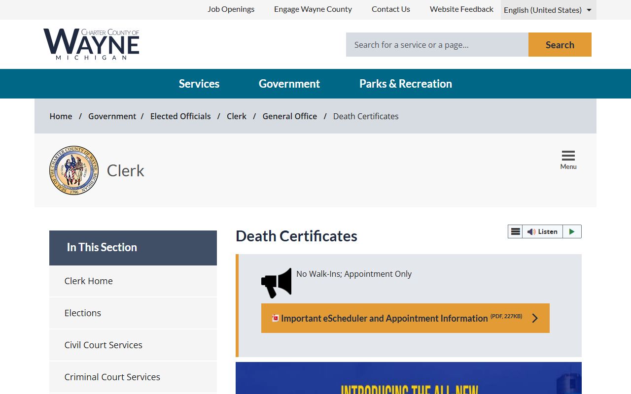 Dearborn death records Wayne County Clerk death certificates page