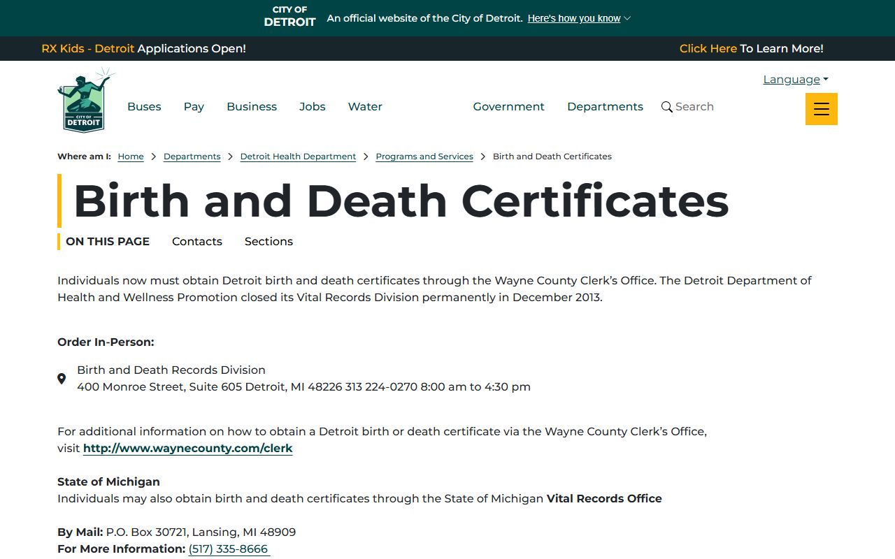 Detroit death records city health department birth and death certificates page