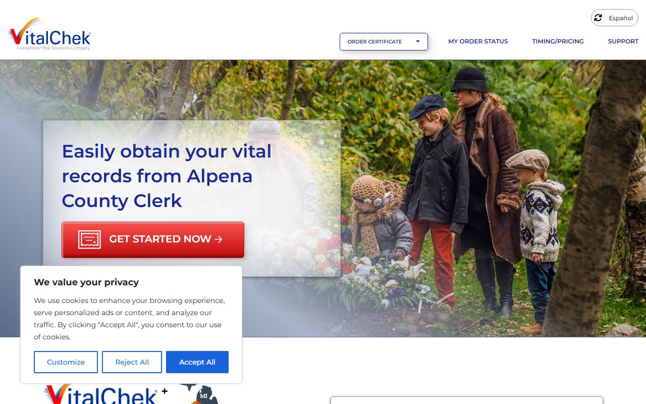 alpena county death records VitalChek ordering page