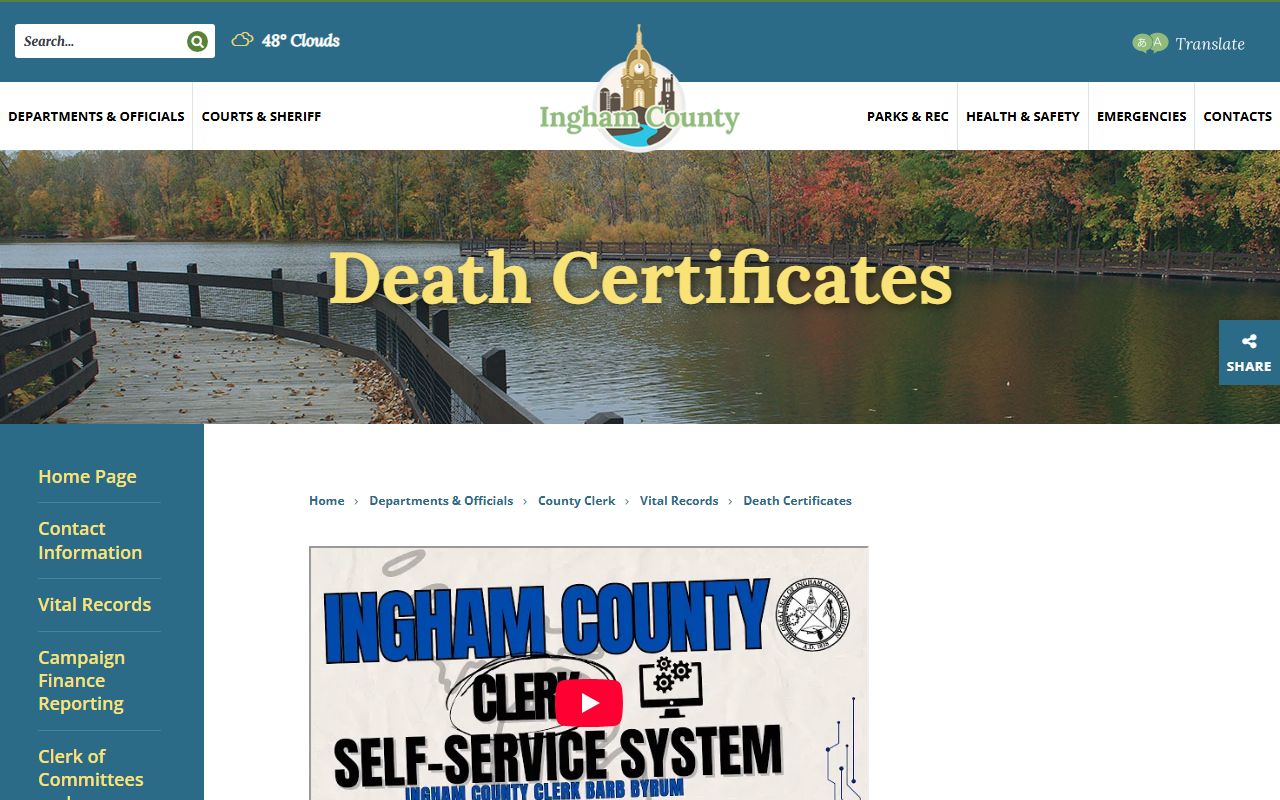 Ingham County death certificates page