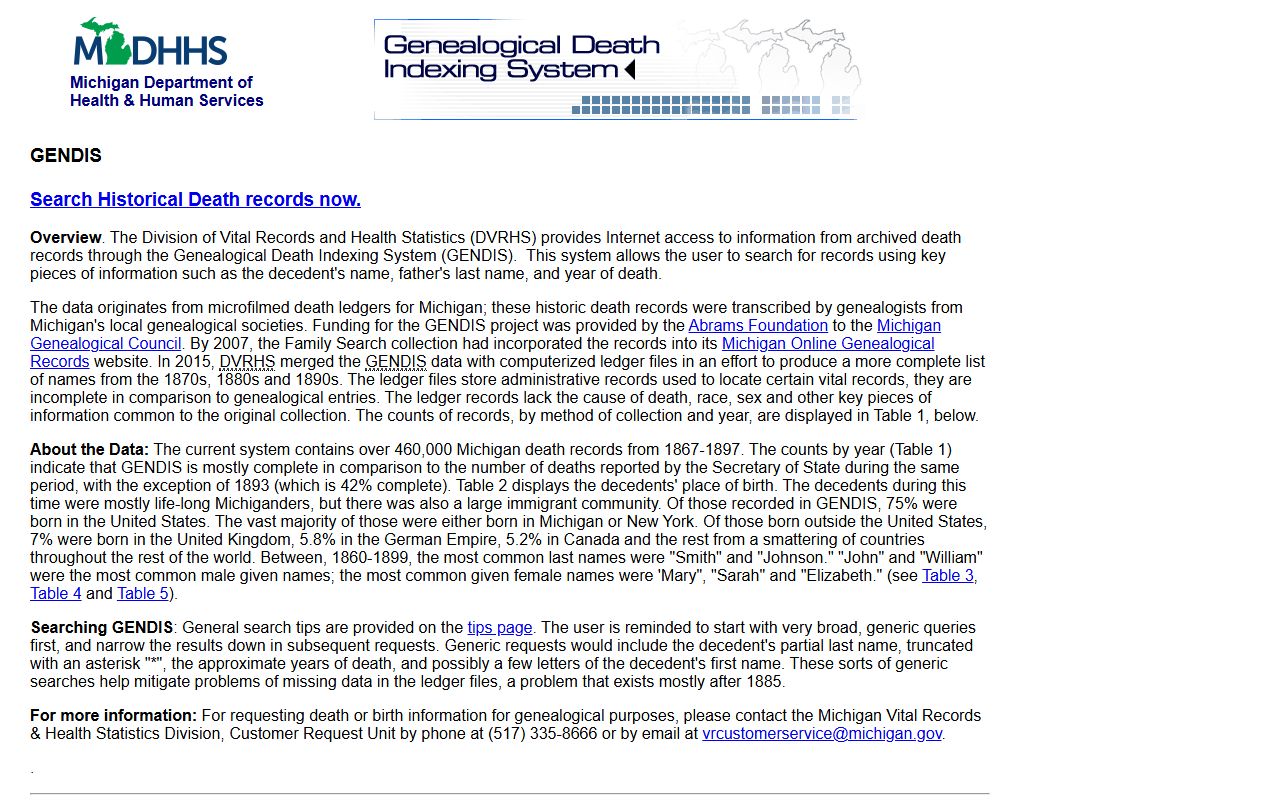 GENDIS Michigan death records search system interface