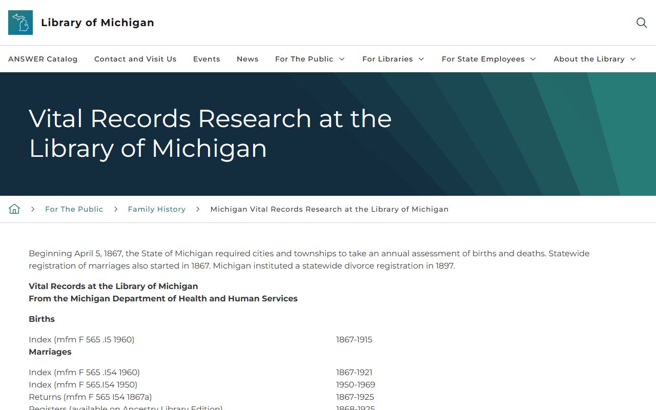 Library of Michigan vital records research resources for death records