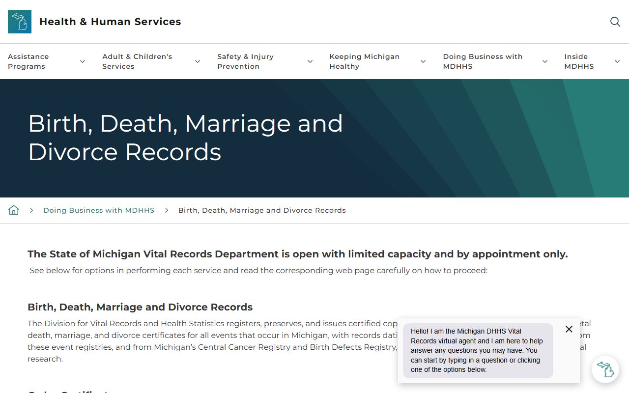 Michigan MDHHS Vital Records portal for death records