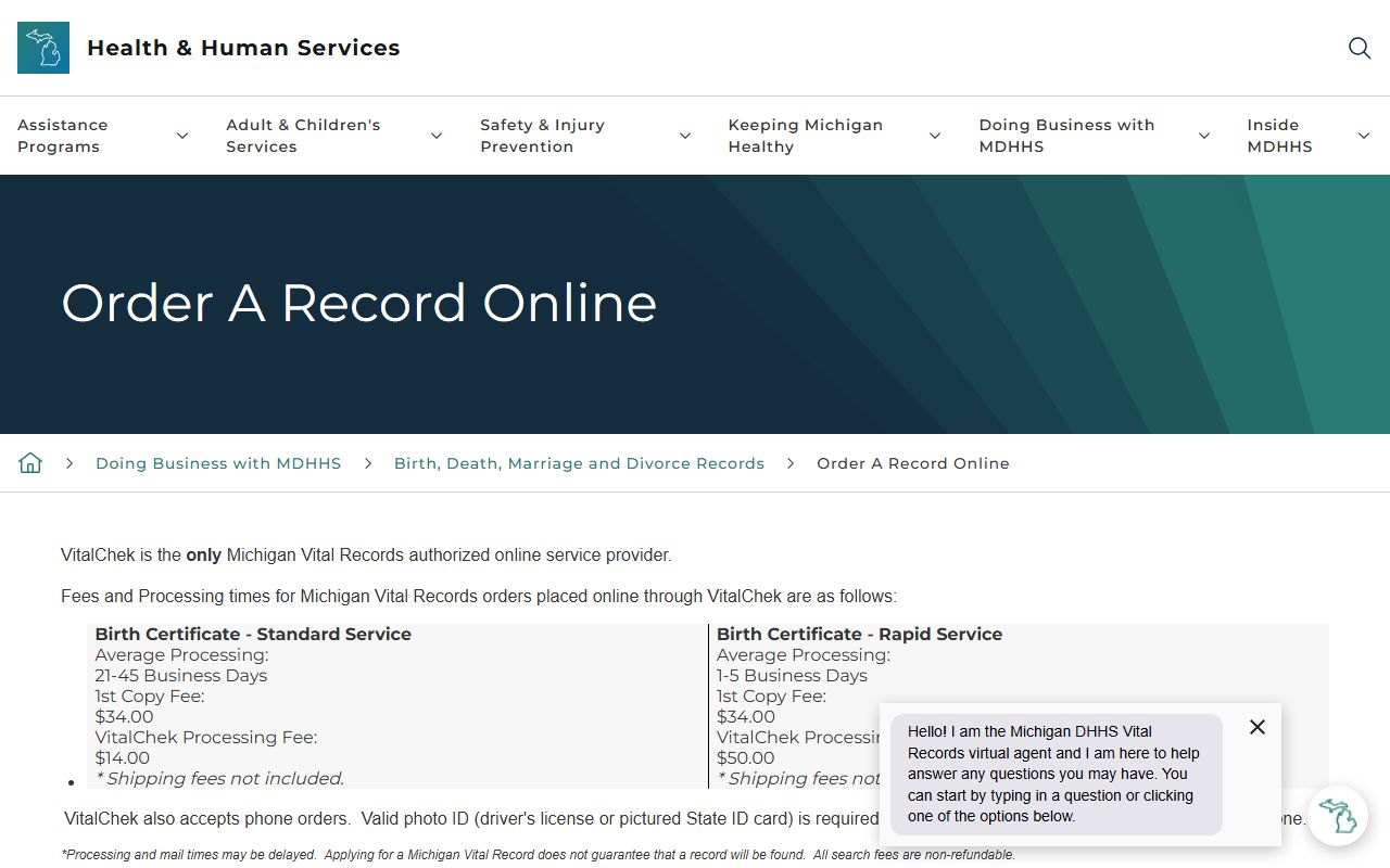 Michigan MDHHS online ordering page for death records via VitalChek